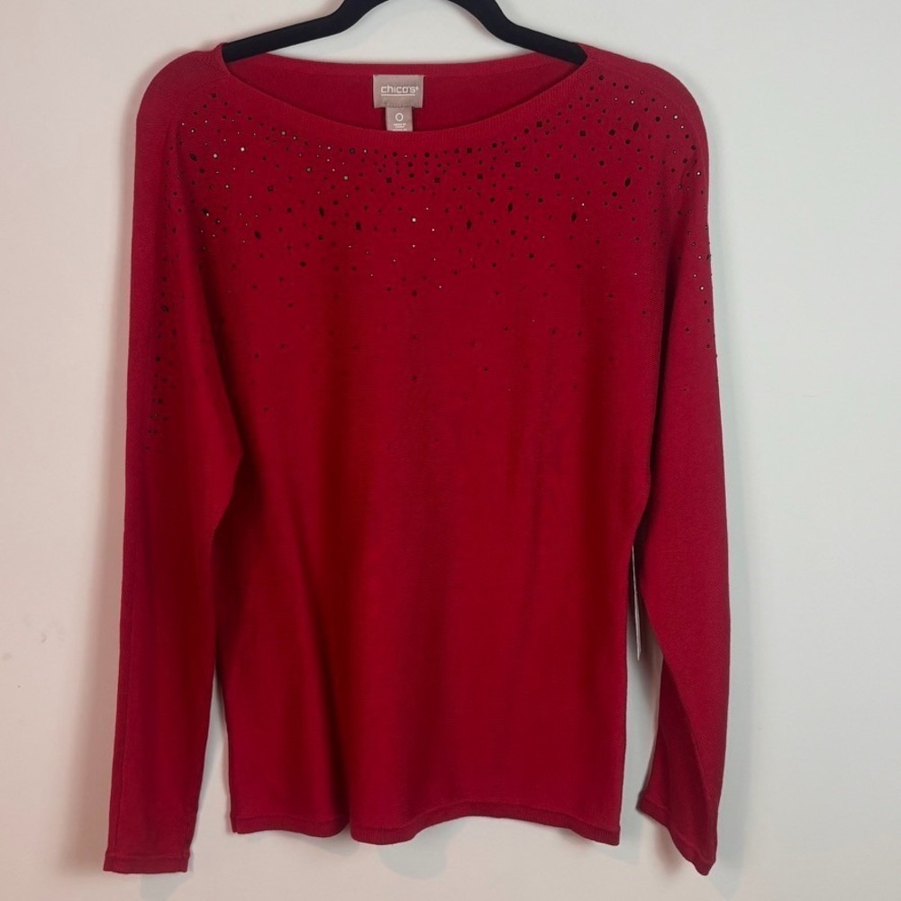 NEW Chico's Womens Red Studded Cotton Blend Pullover Sweater sz 0/SM Holiday NWT
